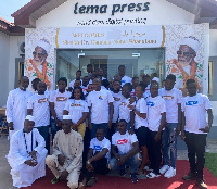 A group picture of employees at Lema Press, Sheikh Armiyaw Shaibu, and Alhaji Latif Abdulsalam