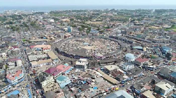 Aerial view of Sekondi-Takoradi Market Circle, the metropolis has become famed for fake kidnappings