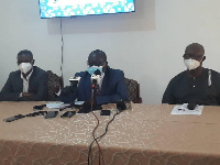 Dr. Amo-Kodieh and others addressing the press in Sunyani on coronavirus vaccines