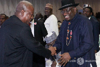 John Dramani Mahama with Goodluck Jonathan at the book launch