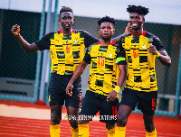 Daniel Afriyie celebrating his goal with Razak Kassim(L) and Konadu Yiadom(R)