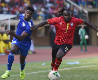 Jorge Semedo of Cape Verde tries to challenge Hassan Mawanda Wasswa of Uganda