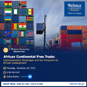 The Masterclass on AfCFTA implementation at Webster University will take place on November 18, 2021