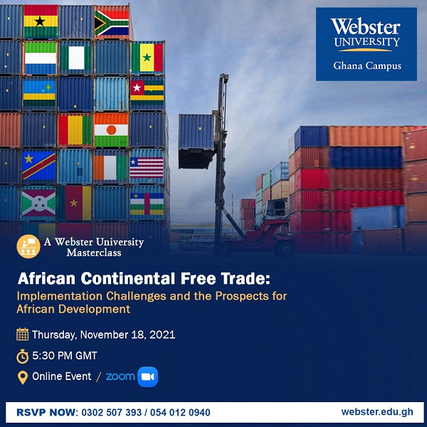 The Masterclass on AfCFTA implementation at Webster University will take place on November 18, 2021