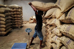 A worker transports a bag of sun-dried cocoa beans at a warehouse [REUTERS/Francis Kokoroko]