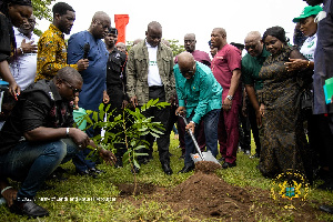 The president is joined by Samuel Jinapor, others, to plant the trees