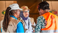 Members of the AU Election Observation Mission talk to a Zimbabwe Electoral Commission official