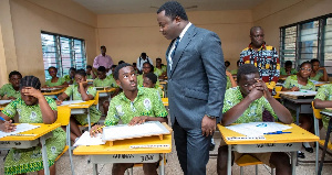 Rev. John Ntim Fordjour interacting with BECE candidates at the St. Thomas Aquinas SHS