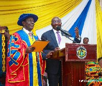 Dr Kwame Addo Kufuor (in academic gown) with Vice-President Mahamudu Bawumia (on the rostrum)