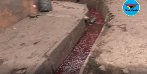 Gutters filled with blood from cows slaughtered in various households in the Zongo commujnities