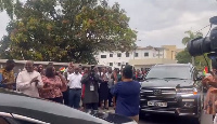 Staff of the ministry lineup at the forecourt to welcome Ofori-Atta from parliament