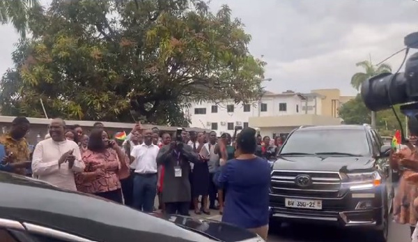 Staff of the ministry lineup at the forecourt to welcome Ofori-Atta from parliament