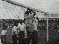 Accra Sports Stadium net being mended after a shot from Wilberforce Mfum (Credit: Ken Bediako)