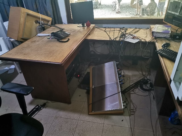 The vandalized Radio Ada studio