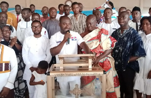 The newly-elected party chairman speaking at a thanksgiving ceremony