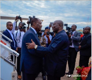 Ivorian President, Alhassane Ouattara being welcomed by the Vice President, Dr. Mahamudu Bawumia