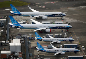 An aerial view of Boeing 777X and Boeing 737 MAX 10 airplanes