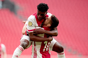 Ghana international Mohammed Kudus celebrates with teammate Dusan Tadic