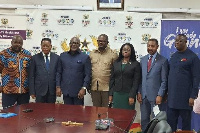 Minister Adu Boahen (fourth left) in a photo with directors of Ghana Exim Bank