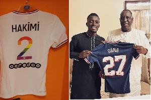 AN LGBTQ+ branded PSG jersey and Macky Sall with Idrissa Gana Gueye