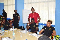 Eto'o with some of the players at the Cameroon camp