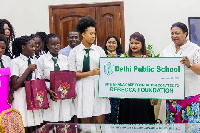 Mrs. Rebecca Akufo-Addo with some pupils and teachers of Delhi Public School International