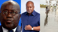 President Akufo-Addo, former President John Mahama and scene from the Akosombo floods