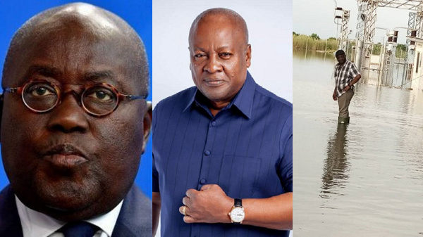 President Akufo-Addo, former President John Mahama and scene from the Akosombo floods