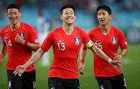 Heung Son-Min celebrating goal with teammates