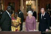 This photo shows President Kufuor with his wife, Queen Elizabeth and Prince Philip