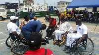 Elizabeth Sackey in a wheel chair during the inauguration of the Accra Wheel Chair Basketball Assoc.