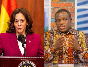 Kamala Harris (right), Sam George (right)