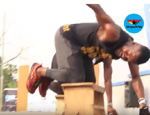 The gym instructor exhibiting his 'kitchen stool' skills during the aerobic session