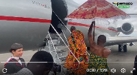 Otumfuo Osei Tutu II entering a plan to depart for Trinidad and Tobago on July 30, 2023