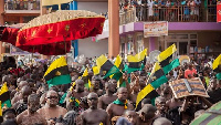 A public display of the Asanteman flag during an event in Kumasi.  Photo: Opemso Radio