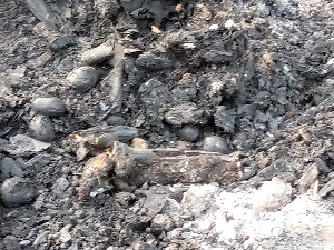 Remains of the burnt wooden structure that was housing the deceased