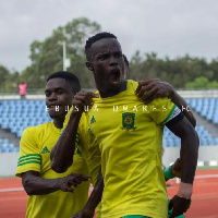 Ebusua Dwarfs forward Nicholas Gyan celebrating a goal