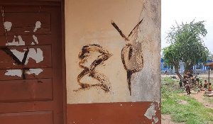 A photo of a defaced house