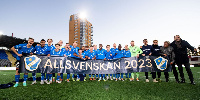 Halmstad BK celebrate qualification into the 2023 Allsvenskan