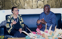 Patricia Scotland in a chat with Deputy Sports Minister  Perry Okudzeto