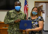 The certificate of appreciation was handed to the Ghanaian-born soldier in the U.S. Navy