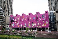 Ibrahim Mahama’s Purple Hibiscus during installation at the Barbican (2024) [Credit: Pete Cadman]