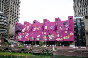 Ibrahim Mahama’s Purple Hibiscus during installation at the Barbican (2024) [Credit: Pete Cadman]