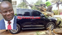 A huge tree fell Samuel Abu Jinapor's black Toyota Land Cruiser cross country vehicle