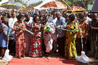 H.E. Mrs. Lordina Mahama cuts the ribbon to inaugurate the community day SHS in Nkwanta