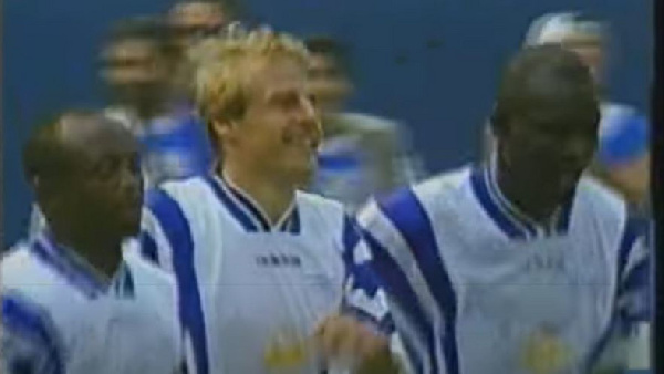 Klinsmann celebrates with Abedi Pele and Weah after the equaliser