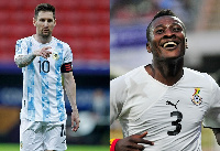 L-R Lionel Messi and Asamoah Gyan