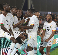 Black Stars players celebrating with Kudus after he scored the first goal against Egypt