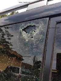 The bullet-riddled car of the MP for  Adaklu Constituency