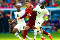 L-R Andre Dede Ayew, Cristiano Ronaldo and Rabiu Mohammed